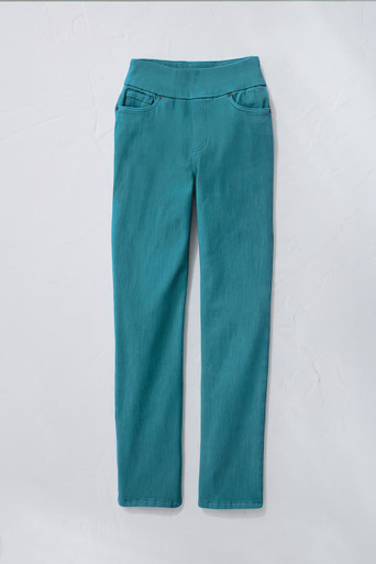 Knit Denim Mid Rise Slim-Leg Ankle Jeans
