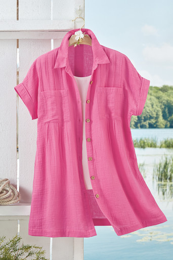 Pleated Button-Front Gauze Tunic
