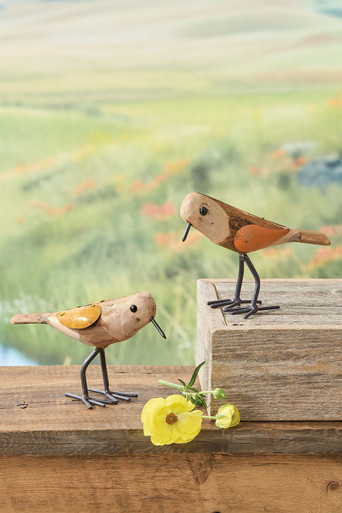 Wood and Recycled Metal Birds, Set of 2